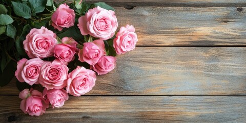 Vibrant pink roses arranged on rustic wooden surface with green leaves creating a romantic holiday backdrop for postcard greeting card mockup.