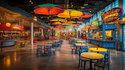 A vibrant food court in a theme park with colorful signage and bright umbrellas