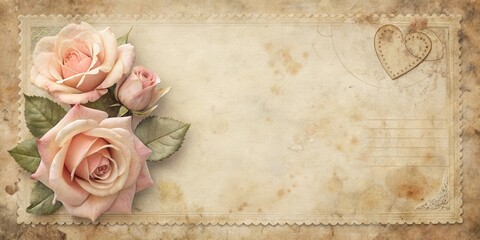 Romantic Antique Postcard with Delicate Roses and Heart