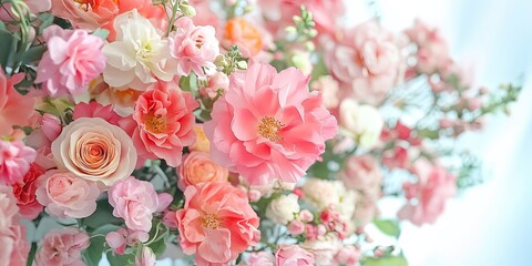 Vibrant bouquet of pink roses and peonies arranged artistically against a soft white background, showcasing a romantic floral composition.