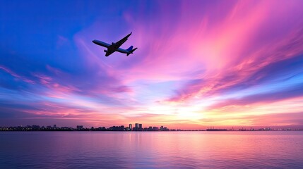 Airplane taking off against colorful sunset over city skyline travel photography serene water reflection