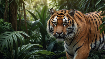 Fototapeta premium Majestic tiger in lush jungle setting, eyes intense, powerful presence.