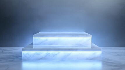 Obraz premium 3d rendering of a square-shaped platform made of white marble with a blue light shining on it. the platform is placed on a marble floor with a gray wall in the background.