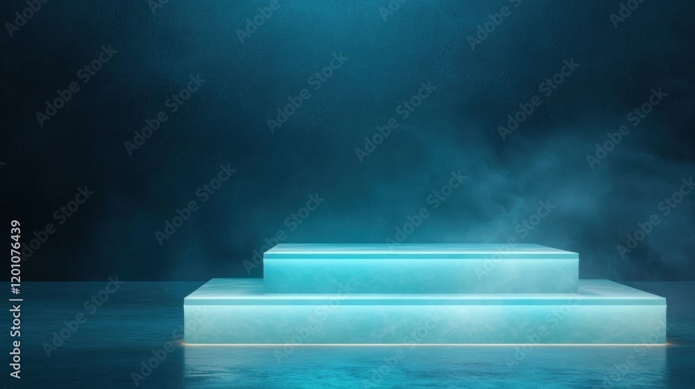 Poster 3d rendering of a stage with a dark blue background. the stage is made of a rectangular platform wit