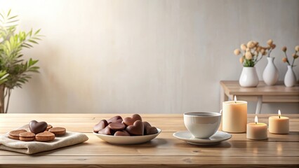 Serene Coffee Break with Chocolate Heart Treats and Candles