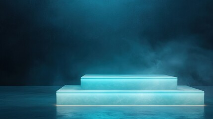 Obraz premium 3d rendering of a stage with a dark blue background. the stage is made of a rectangular platform with a flat top and a flat bottom.