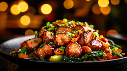 Chinese Red-Cooked Pork, plated with bok choy and served in a traditional family dining room, [Asian slow-cooked meals, rich flavors]