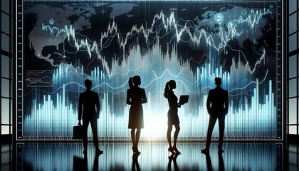 Silhouettes of business professionals stand in front of a large digital screen displaying global financial data and world maps, symbolizing international business and finance.
