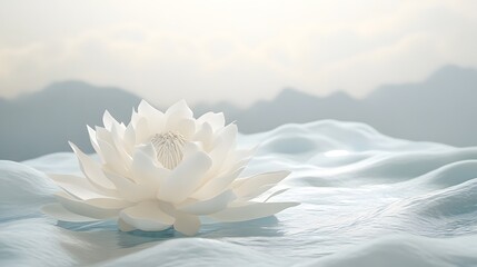 Serene white lotus blossom on textured surface, mountain backdrop, peaceful scene, spa advertising