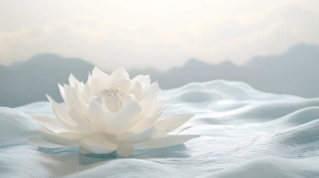 Serene white lotus blossom on textured surface, mountain backdrop, peaceful scene, spa advertising
