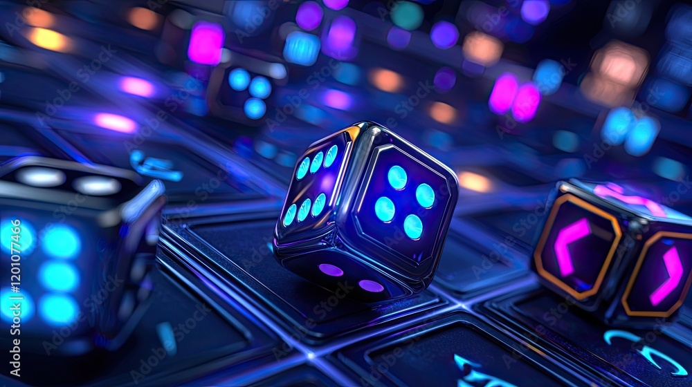 Poster exciting dice game action virtual gaming arena digital graphics futuristic environment close-up view