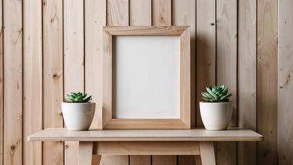 Minimalist wooden frame and succulents on wooden background.