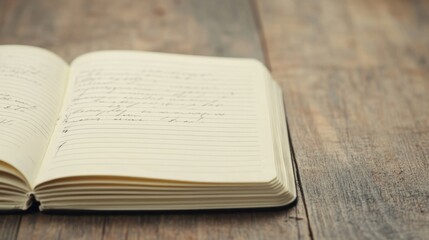 Fototapeta premium Open Notebook with Handwritten Notes on Rustic Wooden Table