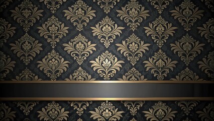 Elegant Dark Background with Gold Floral Damask Pattern and a Horizontal Banner