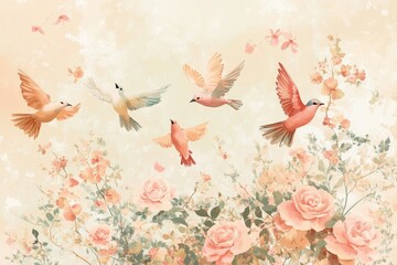 Pastel Birds Soaring Above Delicate Peach Roses