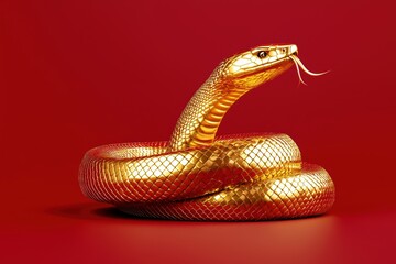 Fototapeta premium Artistic rendering of a golden snake with a polished metallic finish, curled elegantly on a deep crimson surface