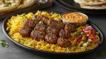 Arabian cuisine meals menu cover. Matzah with sauce, kebab, pickled olives and sour cream, hummus, chickpea falafel and flatbread lahmacun, rice with green onion and pea vector. Arabian dishes banner