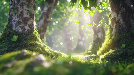 Enchanted Forest: Sunbeams Dance Through Mossy Birch Trees