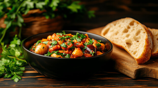 French Cagouille snail stew, served with crusty bread in a rustic countryside kitchen, [Provincial European delicacies, rare dishes]