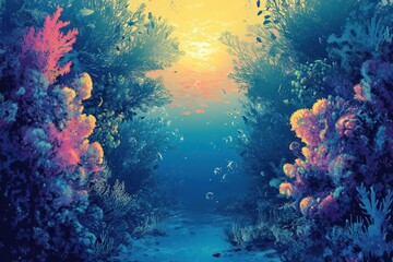 Naklejka premium Vibrant Coral Reef Scene at Sunset Underwater Paradise