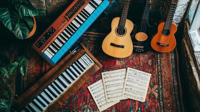 A vibrant music lesson corner with keyboards, small guitars, and sheet music