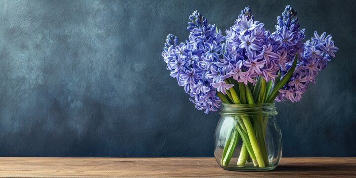 Jar filled with vibrant purple hyacinth flowers placed on a wooden table against a dark textured wall for a serene floral display