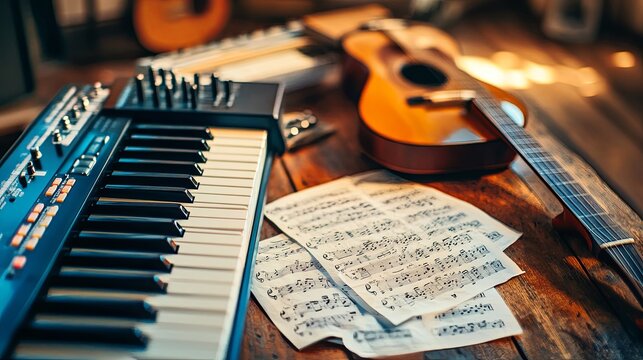 A vibrant music lesson corner with keyboards, small guitars, and sheet music