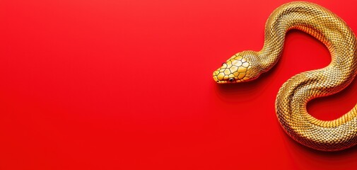Obraz premium Coiled golden snake with intricate scales shining against a vibrant red background, symbolizing luxury and power