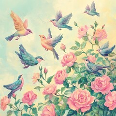Pastel Birds Soaring Above Pink Roses