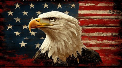 Naklejka premium A majestic bald eagle against a weathered American flag, symbolizing freedom, courage, and patriotism on Independence Day USA