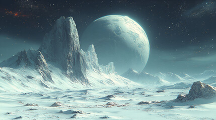 Alien Planet Snowy Mountainscape With Large Orb