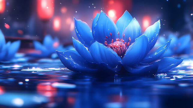 Blue lotus blossoms, night pond, festival lights, fantasy art, game asset