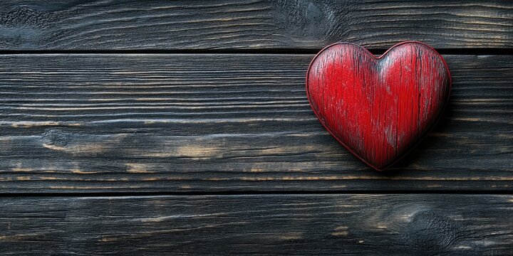 Red wooden heart on black wooden background gifts and love concept top view with ample copy space on the left side for text or messages - Powered by Adobe