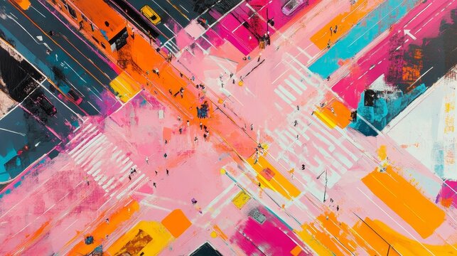 Bright abstract painting showing street intersection with people.