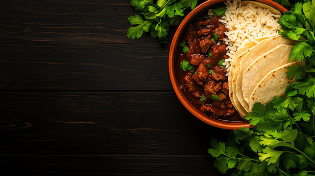 Guatemalan Hilachas beef stew, served with rice and tortillas in a rustic Mayan-inspired kitchen, [Central American comfort food, heritage dishes]