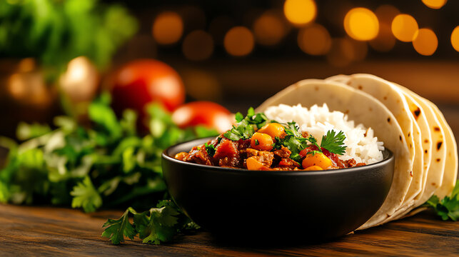Guatemalan Hilachas beef stew, served with rice and tortillas in a rustic Mayan-inspired kitchen, [Central American comfort food, heritage dishes]
