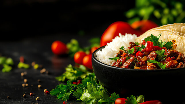 Guatemalan Hilachas beef stew, served with rice and tortillas in a rustic Mayan-inspired kitchen, [Central American comfort food, heritage dishes]