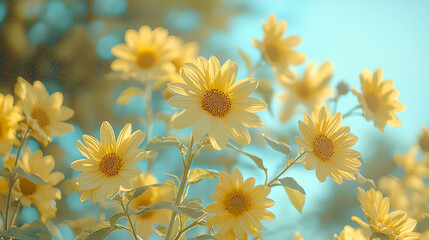 Bright yellow flowers bloom under a clear blue sky in a sunny landscape during the spring season. Generative AI