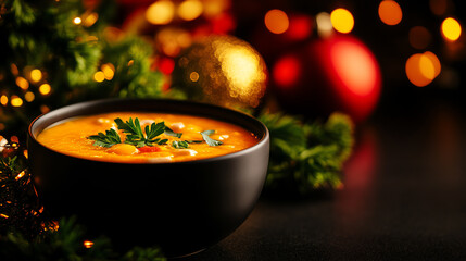 Haitian Joumou soup, a vibrant pumpkin-based dish served in a festive New Year's table setup, [Caribbean heritage, celebratory meal]