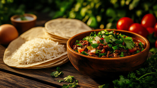 Guatemalan Hilachas beef stew, served with rice and tortillas in a rustic Mayan-inspired kitchen, [Central American comfort food, heritage dishes]