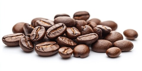 Naklejka premium Brown coffee beans scattered on a white background, shallow depth of field enhancing their rich texture, ample space for text placement.