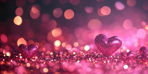 Glittering pink hearts on a soft purple and pink bokeh background sparkling with light reflections creating a romantic atmosphere.