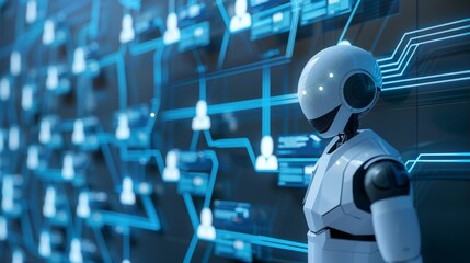 Obraz premium Robot avatars are like female interviewers, looking at the computer screen and saying resumes, robot training