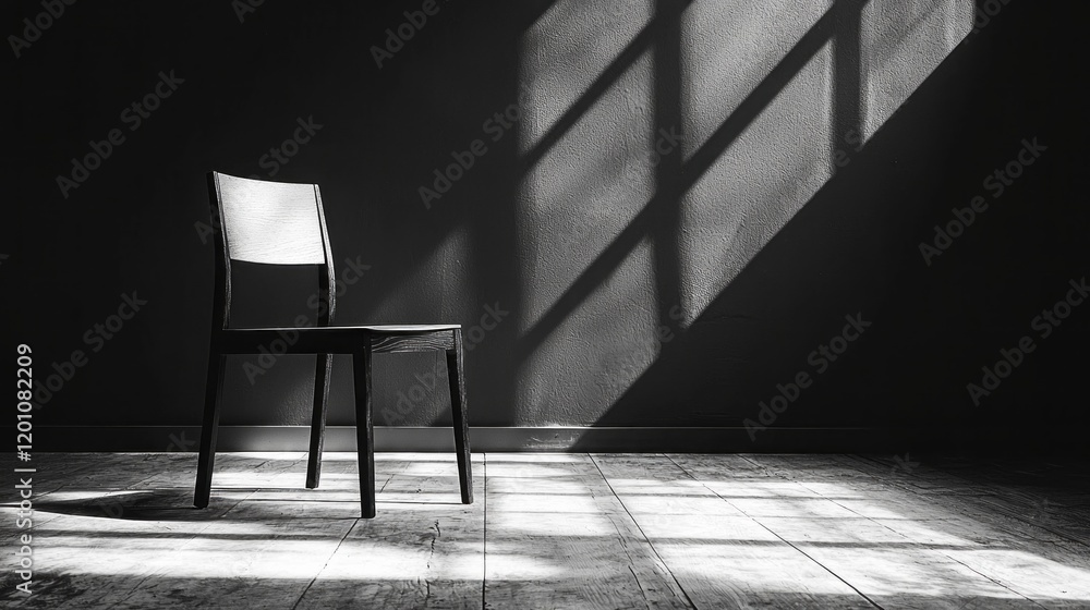 Poster A solitary chair stands in an empty room, illuminated by streaming sunlight creating strong contrasts with deep shadows. The atmosphere evokes feelings of solitude and introspection