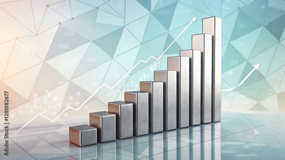 Poster a sleek metallic bar graph with rising bars on an abstract background