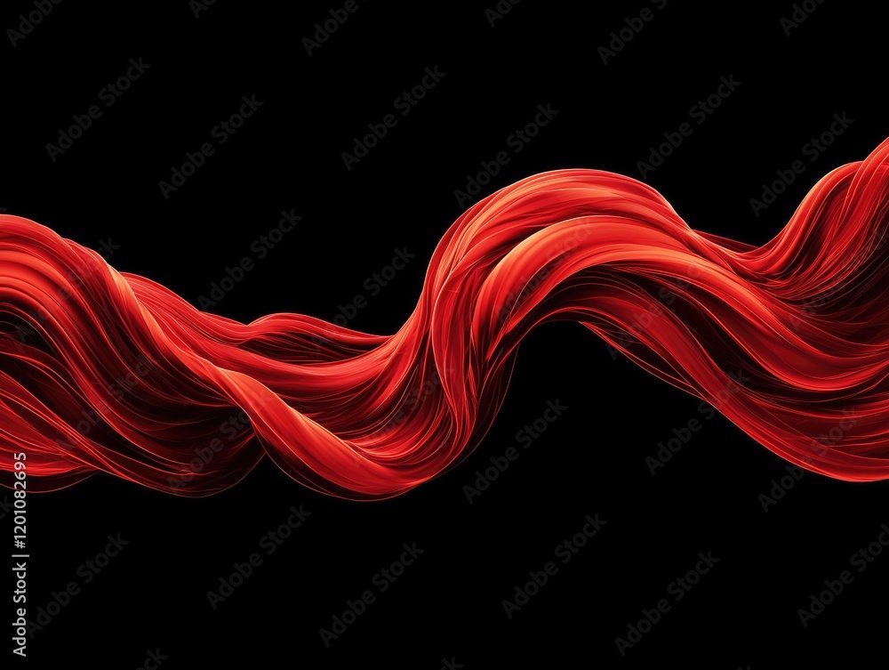 Poster dynamic flow of red silk ribbons abstract display digital art dark environment close-up perspective 