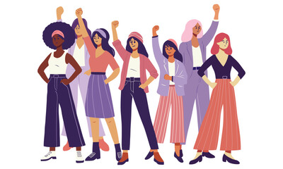 International Women's Day celebration illustration Diverse group of confident women standing in unity with raised fists symbolizing empowerment and equality promoting accelerate actionin vibrant flat 
