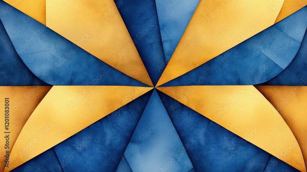 Poster kaleidoscope watercolor concept. abstract geometric pattern with blue and gold tones creating a dyna