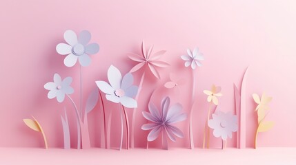 Delicate 3D paper cut artwork featuring pastel-colored flowers on a soft pink background, minimalistic style with simple shapes, cute and dreamy aesthetic, clean lines, and high-resolution detail.