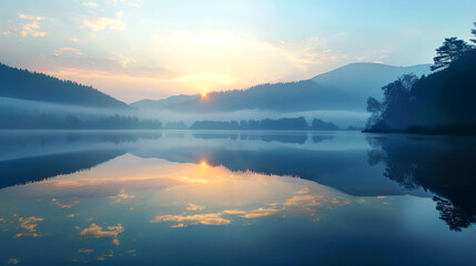 Fototapeta premium tranquil dawn scene with mist over lake, reflecting mountains and sky